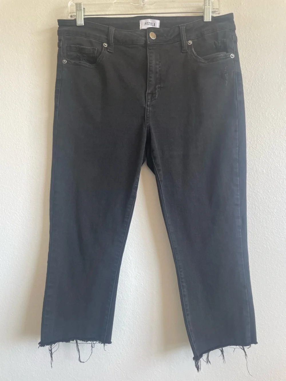Pistola Denim Jeans Sz 31 Black Cropped Raw Hem Distressed High Rise Straight